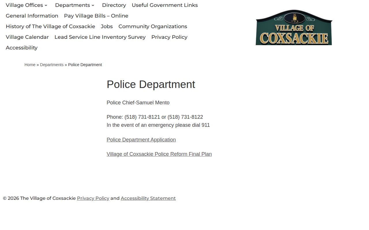 Greene County Coxsackie Police record information from the Village of Coxsackie website